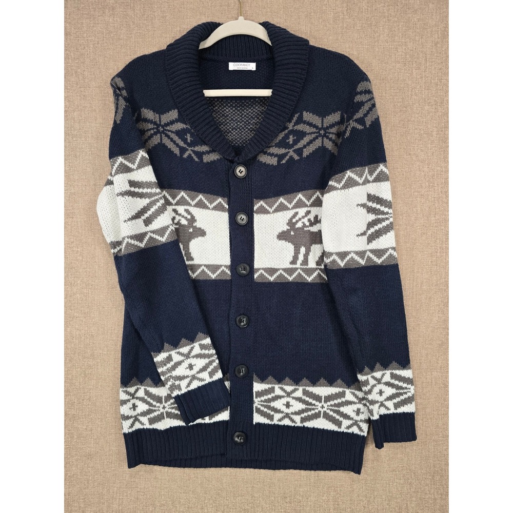 Coofandy Mens Shawl Collar Cardigan Sweater Navy Blue Reindeer Fair Isle Small